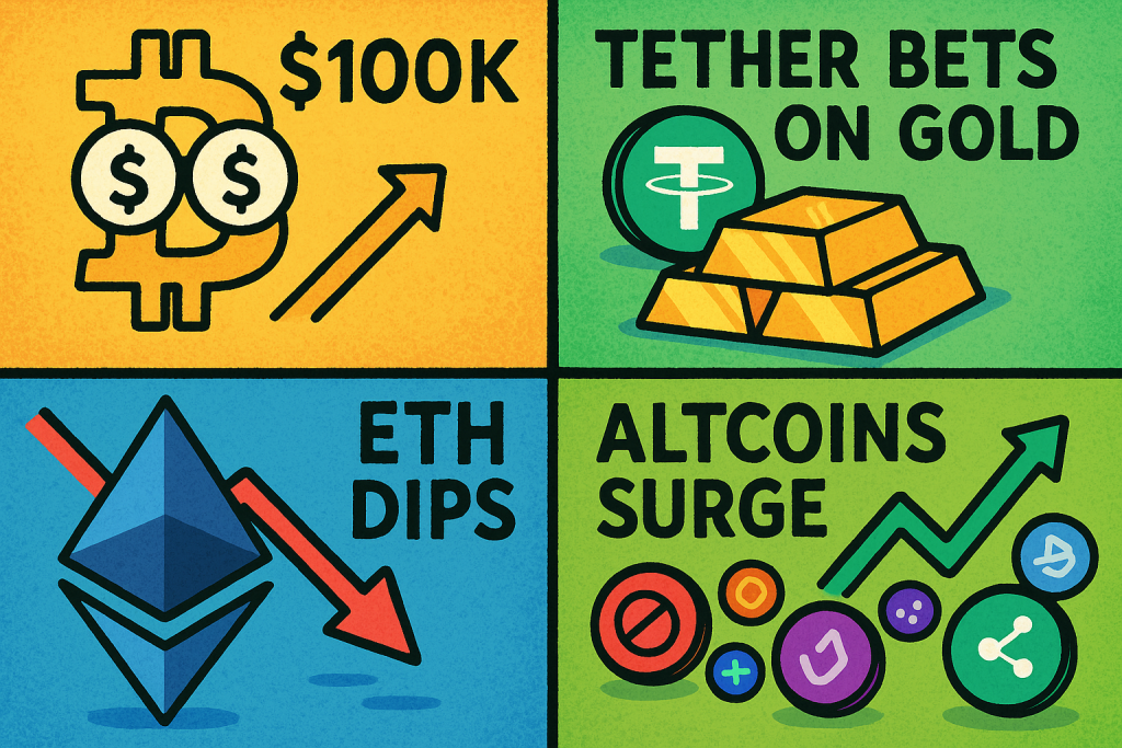 Bitcoin Eyes $100K, Tether Bets on Gold, ETH Dips & Altcoins Surge